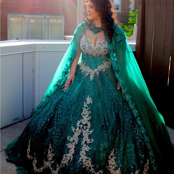 Dresses | Emerald Green Gold Dress Corset Fitting Top Tie Up Back Hoop  Dresscape | Poshmark